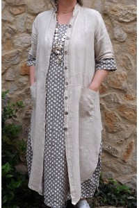 Veste longue en lin Aloïs beige et robe lin Diane