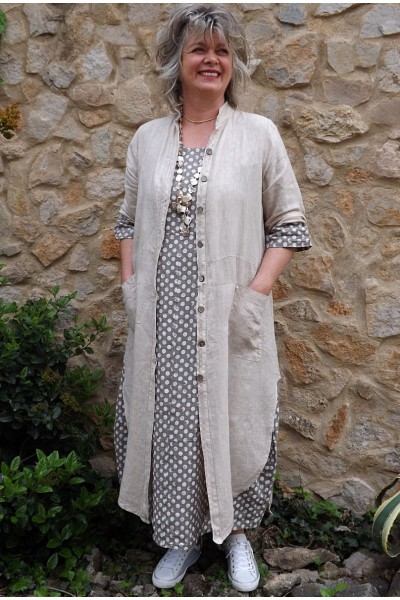 Veste longue en lin Aloïs beige et robe lin Diane