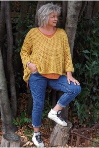 Pull ajouré Lucien oversize safran, sweat César et pantalon Roméo