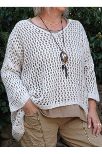 Pull ajouré Lucien oversize beige, tea-shirt César et pantalon Tom