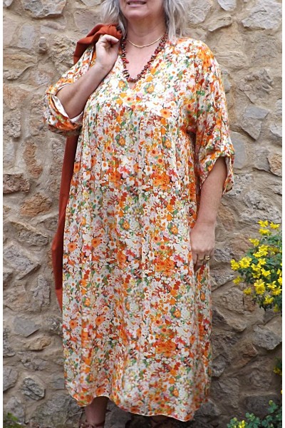 Robe longue Anastasia fleurs oranges