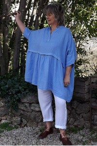 Tunique lin grande taille Colette bleu mésange et pantalon lin Gabriel