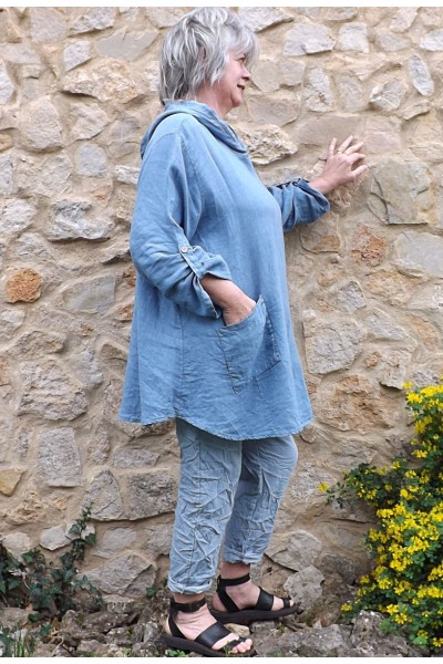Tunique lin grande taille Madeline bleu jean et pantalon Anselme clair