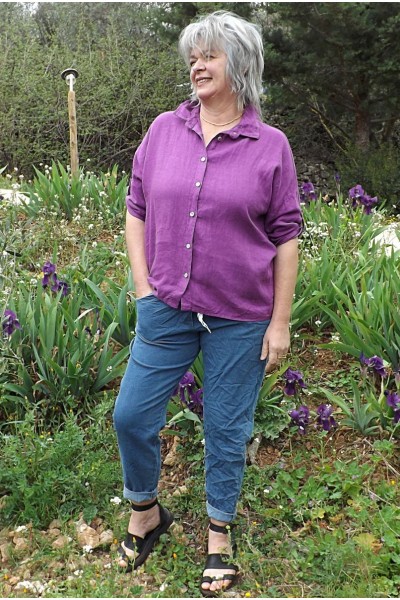 Chemise lin Albane violette et pantalon Anselme jean