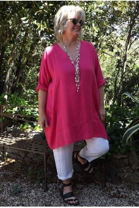 Tunique lin grande taille Romane fuchsia et pantalon lin Gabriel