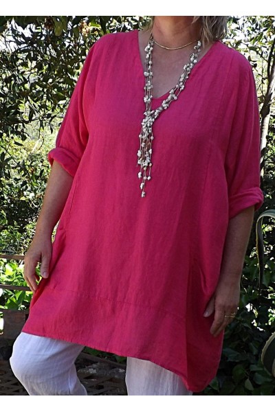 Tunique lin grande taille Romane fuchsia et pantalon lin Gabriel