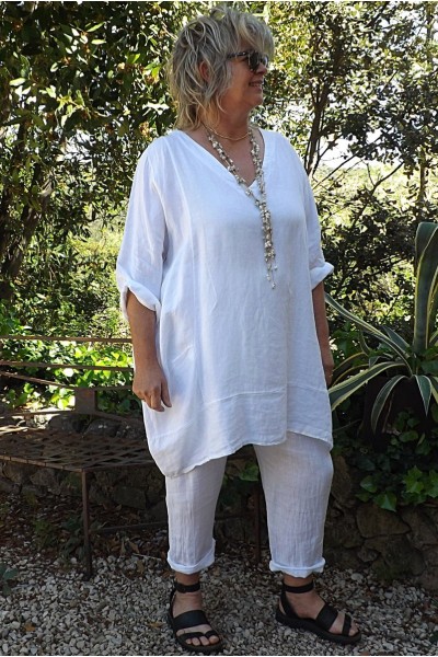 Tunique lin grande taille Romane blanche et pantalon lin Gabriel