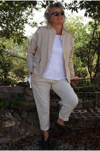 Veste lin coton Serena mastic et pantalon Léo beige à pois