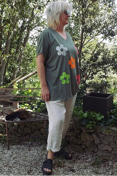 T-Shirt grande taille Margueritte kaki et pantalon lin Gabriel