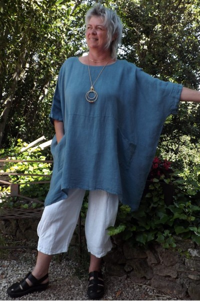 Tunique femme en lin grande taille couleur bleue jean.