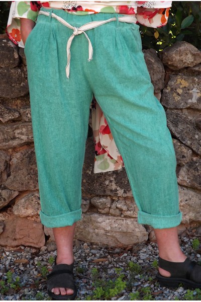 Pantalon en lin et coton grande taille vert