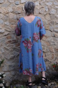 Robe Lin Grande Taille Imprimé Fleurs  fond bleu Col V - Confortable