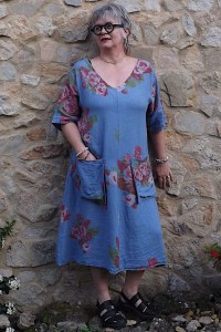 Robe Lin Grande Taille Imprimé Fleurs  fond bleu Col V - Confortable