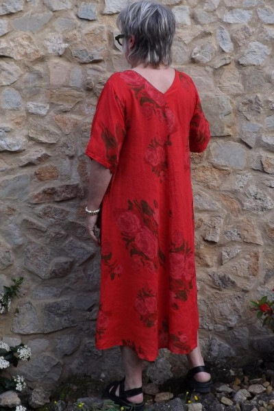 Robe Lin Grande Taille Imprimé Fleurs  fond rouge Col V - Confortable