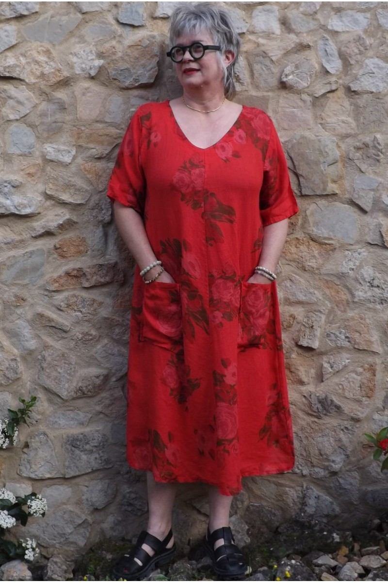 Robe Lin Grande Taille Imprimé Fleurs  fond rouge Col V - Confortable